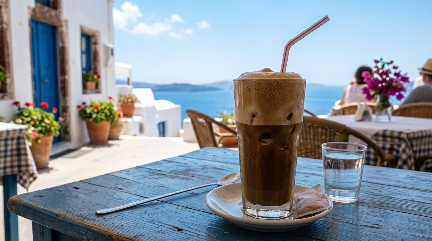 An iced Greek frappé on a blue cafe table