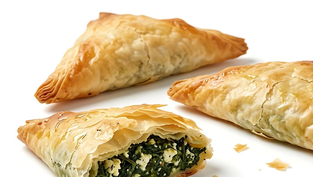 Spanakopites cut open to show spinach and feta